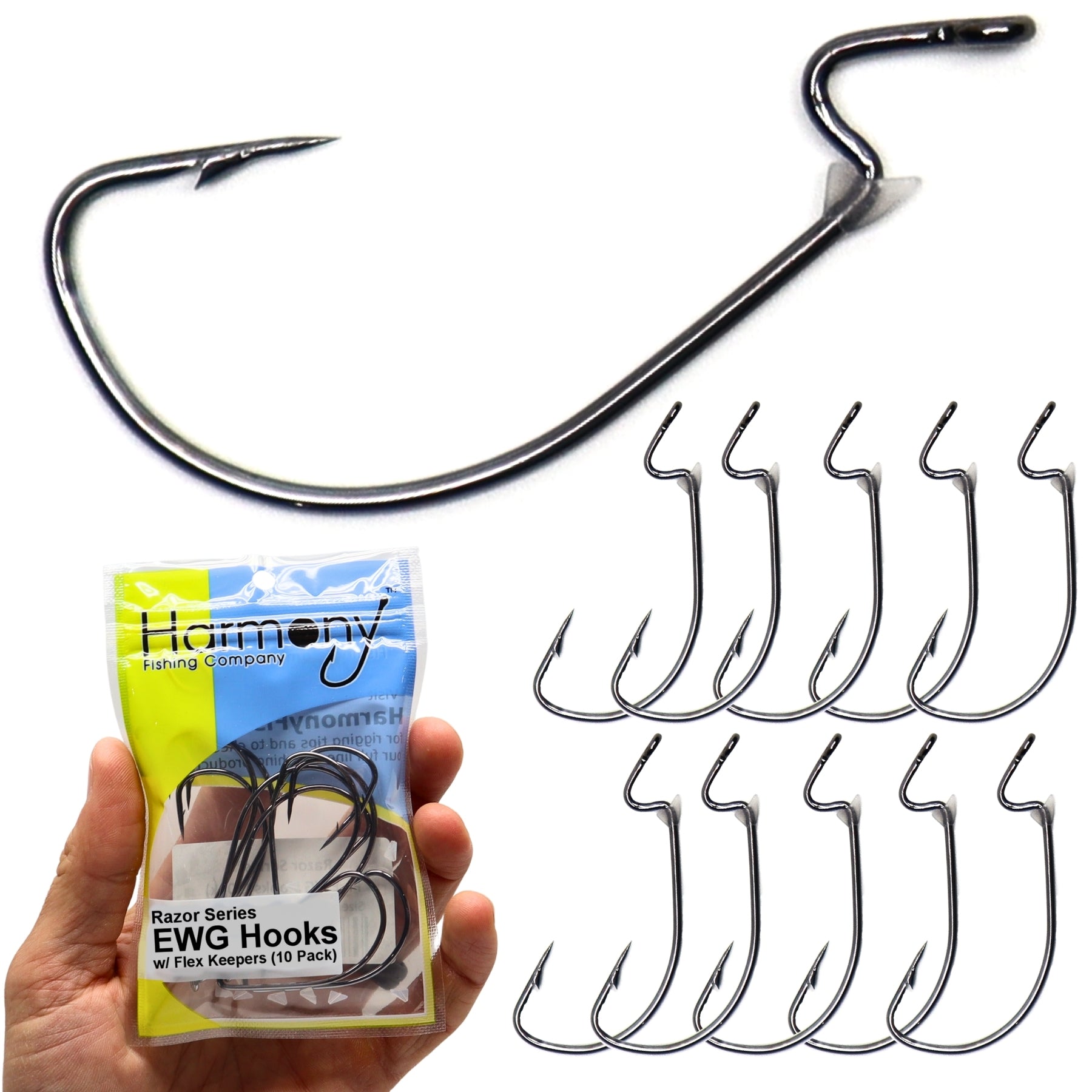 Harmony Fishing - Razor Series EWG Offset Hooks with Flex Keepers (10 Pack) – Bass Fishing | Adjustable Flexible Bait Stoppers | HCS
