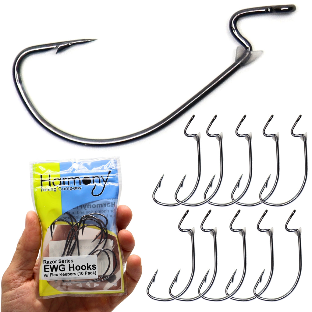 Harmony Fishing - Razor Series EWG Offset Hooks with Flex Keepers (10 Pack) – Bass Fishing | Adjustable Flexible Bait Stoppers | HCS