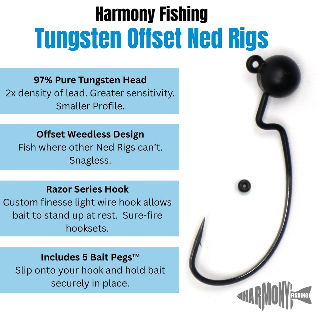 Tungsten Offset Weedless Ned Rig Jigheads (5 Pack w/ Bait Pegs)