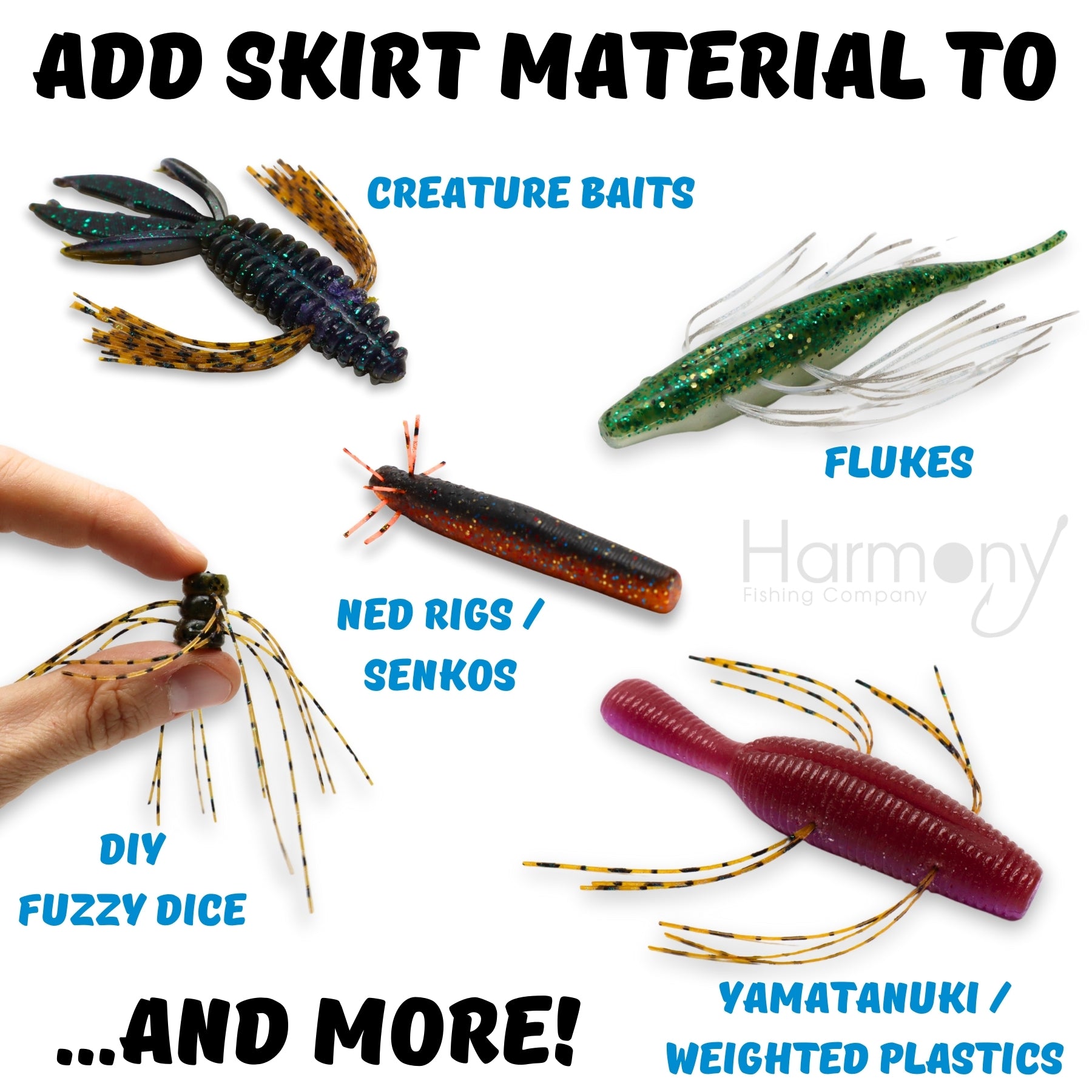 Skirt Threader Tool (2-Pack + 8 Silicone Skirts) - Create Custom Fuzzy Dice Style Bass Baits