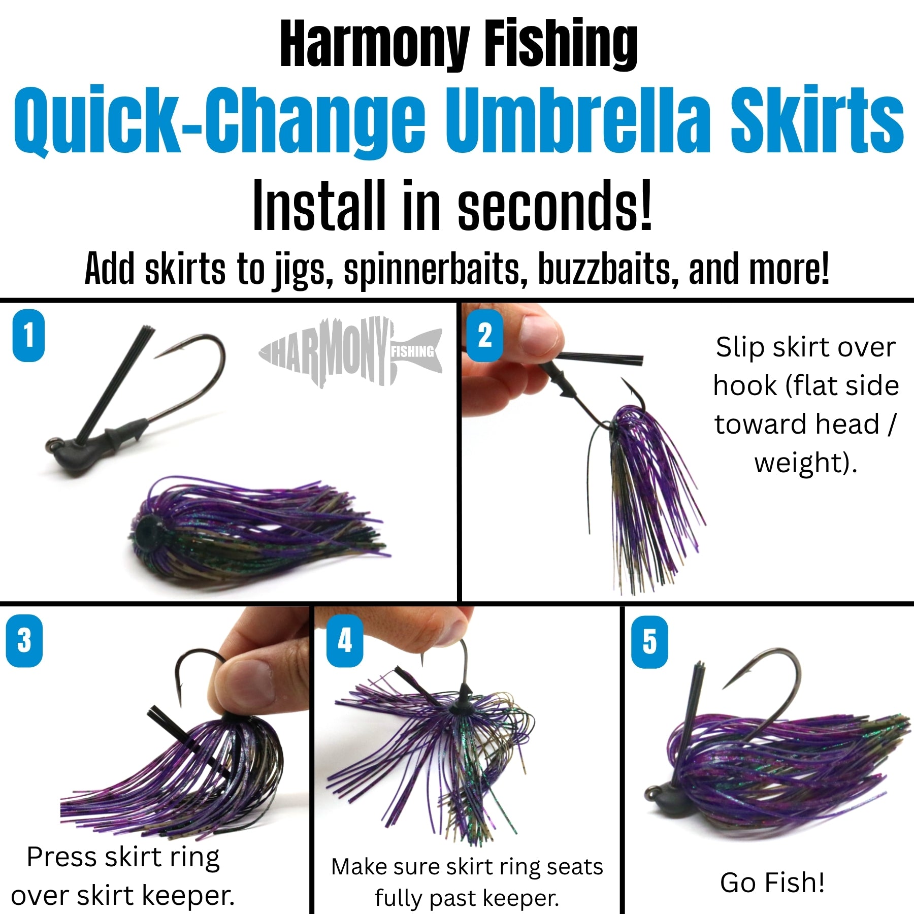 Harmony Fishing – Quick Change Modular Umbrella Skirts for Fishing Jigs, Spinnerbaits, Buzzbaits, Lures, Baits (10 Pack)