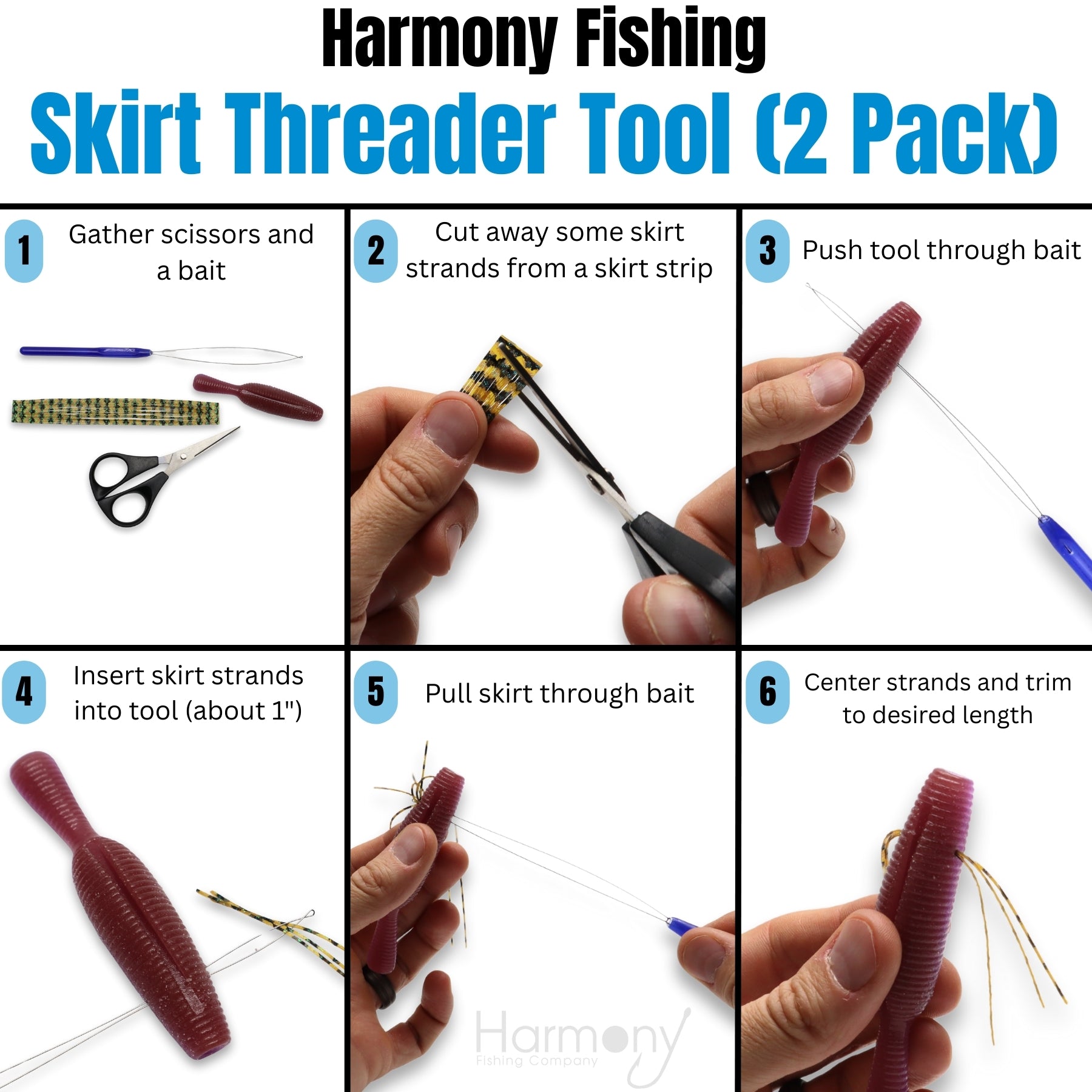 Skirt Threader Tool (2-Pack + 8 Silicone Skirts) - Create Custom Fuzzy Dice Style Bass Baits