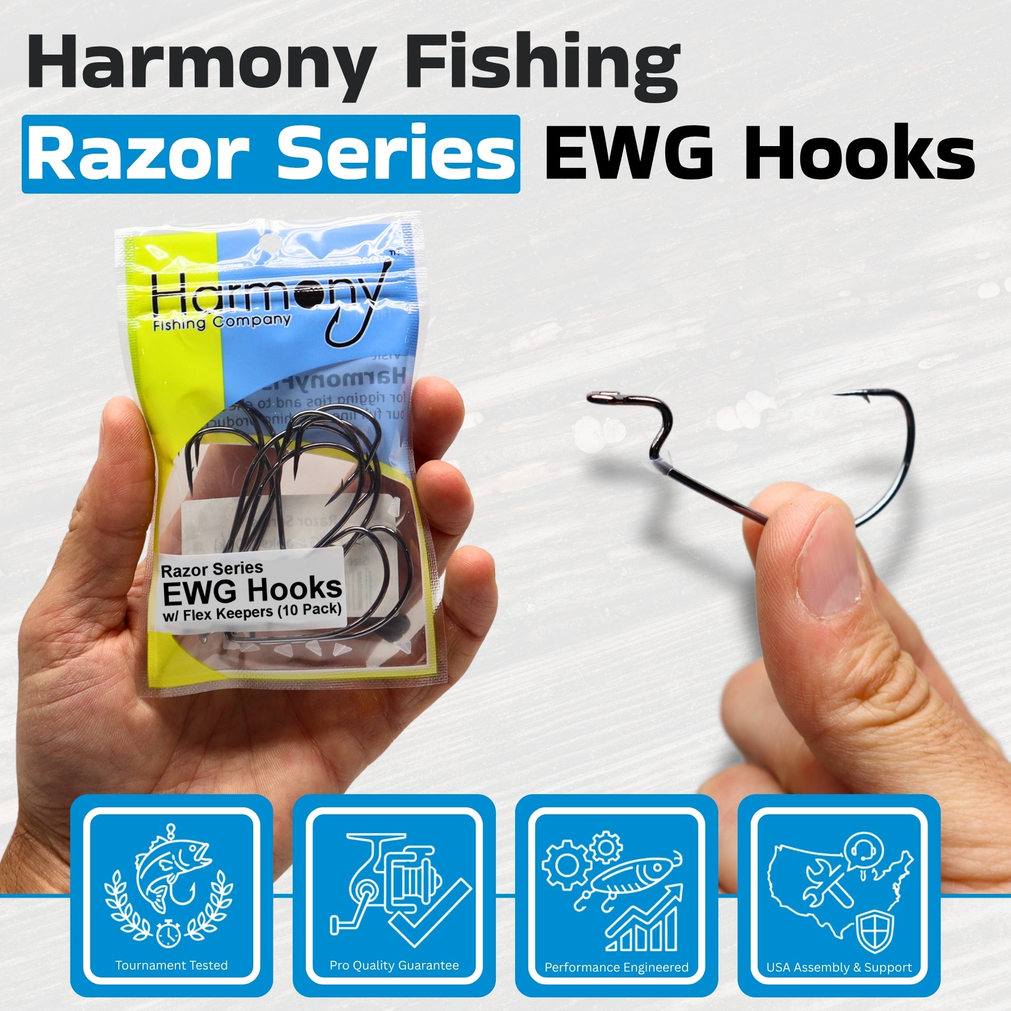 Harmony Fishing - Razor Series EWG Offset Hooks with Flex Keepers (10 Pack) – Bass Fishing | Adjustable Flexible Bait Stoppers | HCS