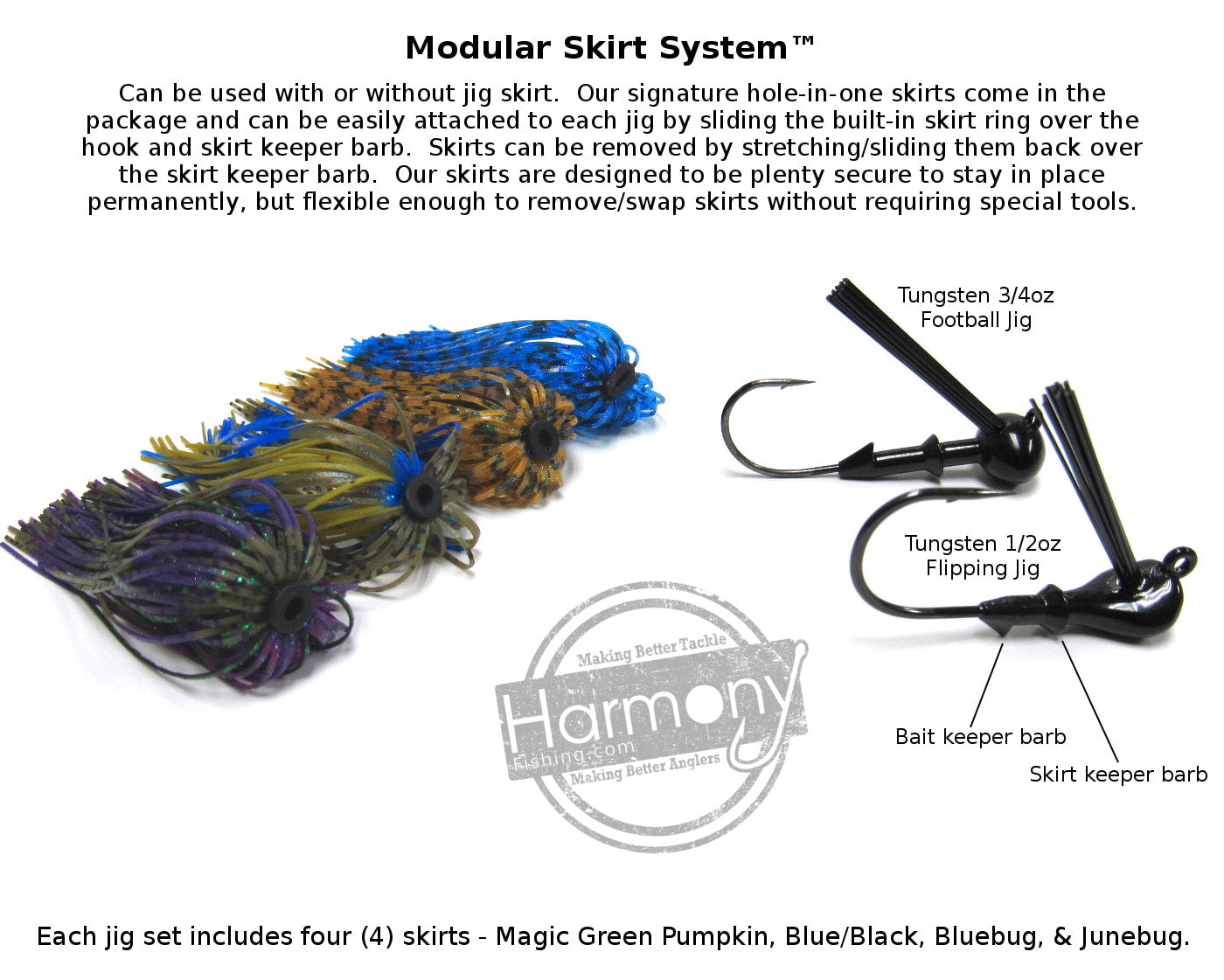 Tungsten Football Jigs (Modular Skirt System - 2 Jigs, 4 Skirts, 2 Rattles, 5 Bait Pegs)