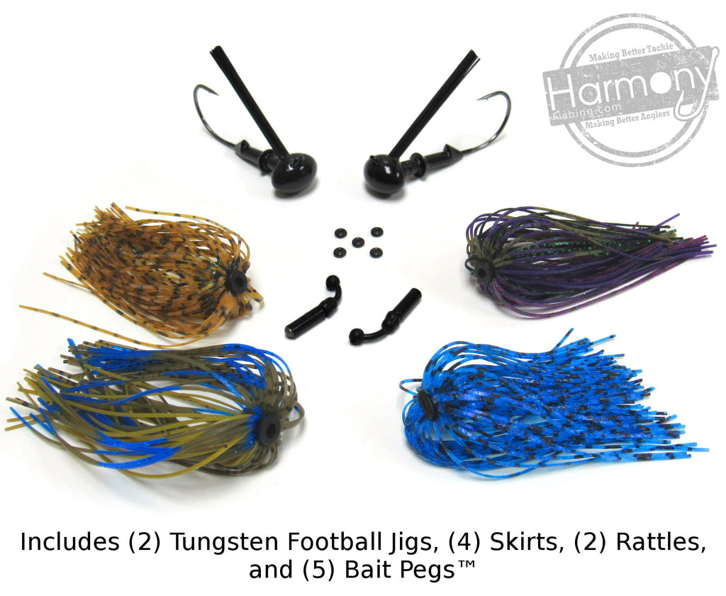 Tungsten Football Jigs (Modular Skirt System - 2 Jigs, 4 Skirts, 2 Rattles, 5 Bait Pegs)