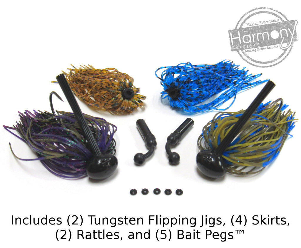 Tungsten Football Jigs (Modular Skirt System - 2 Jigs, 4 Skirts, 2 Rattles, 5 Bait Pegs)