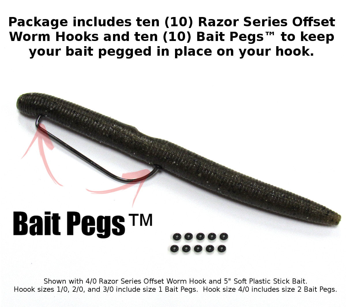 Razor Series Offset Worm Hooks w/ Bait Pegs (10 Pack, Select Size)