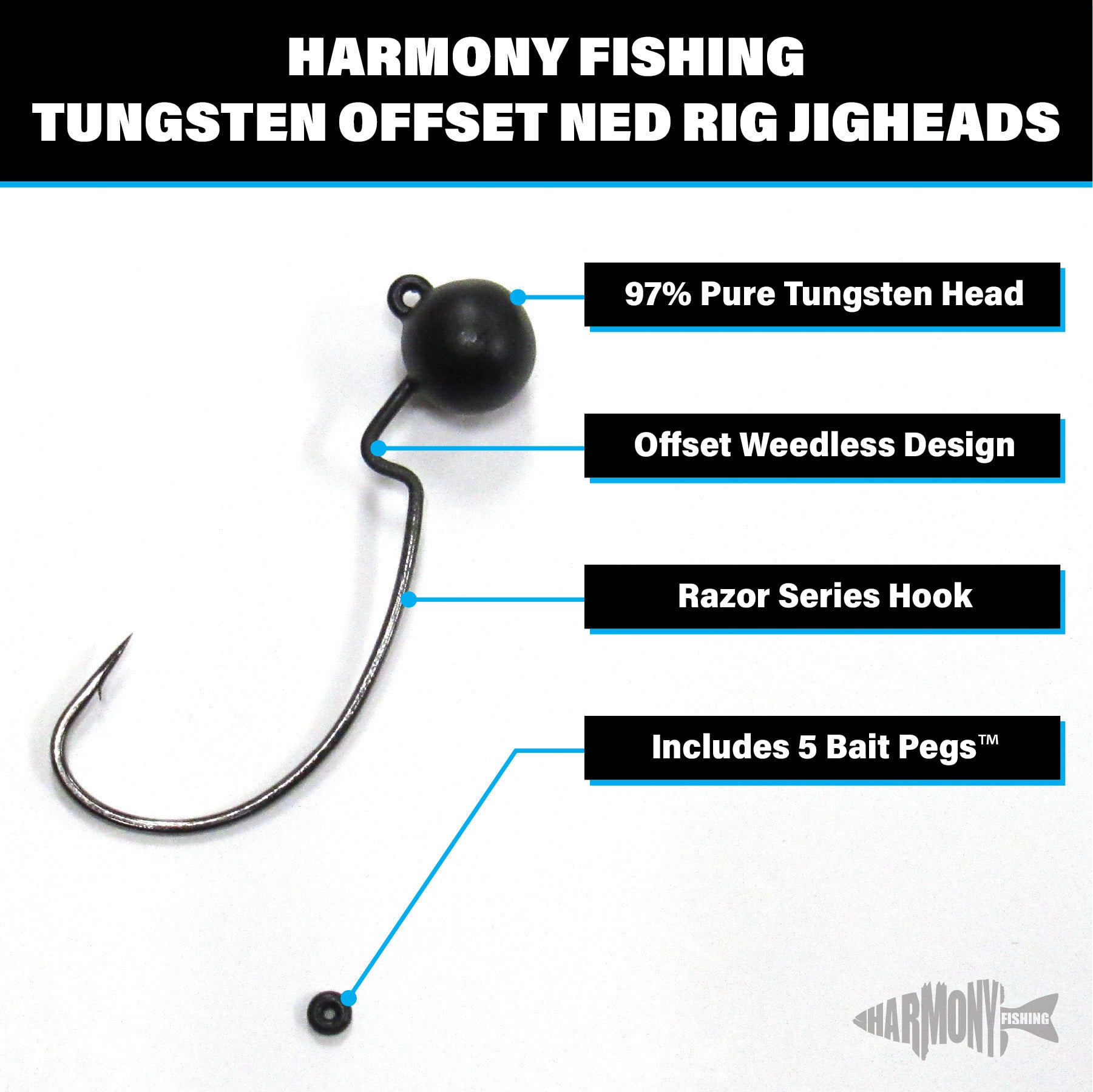 Tungsten Offset Weedless Ned Rig Jigheads (5 Pack w/ Bait Pegs)