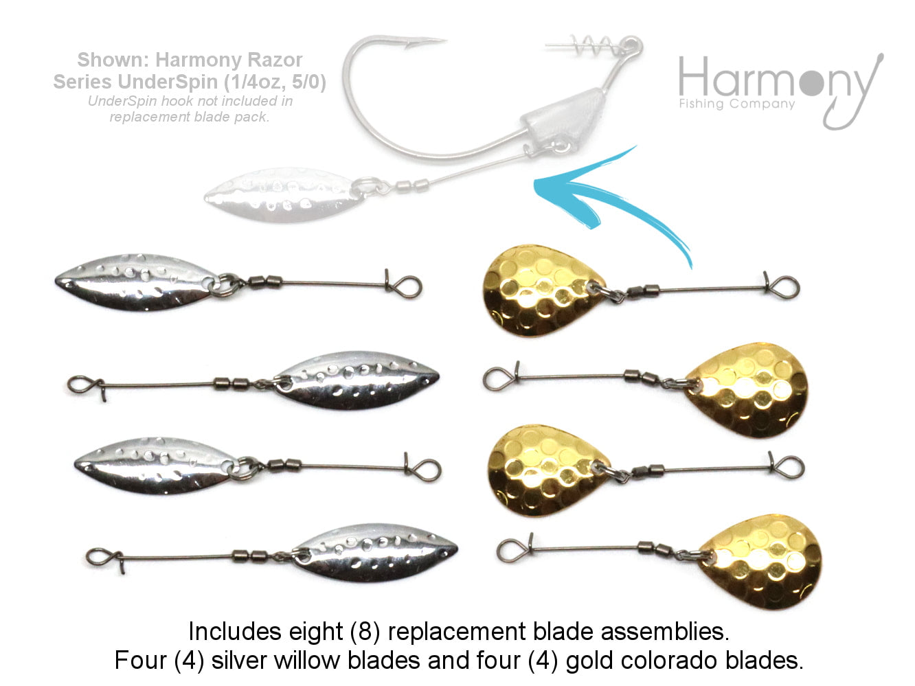Replacement Blades for Razor Series UnderSpins (8 Pack - 4 silver willow, 4 gold colorado)